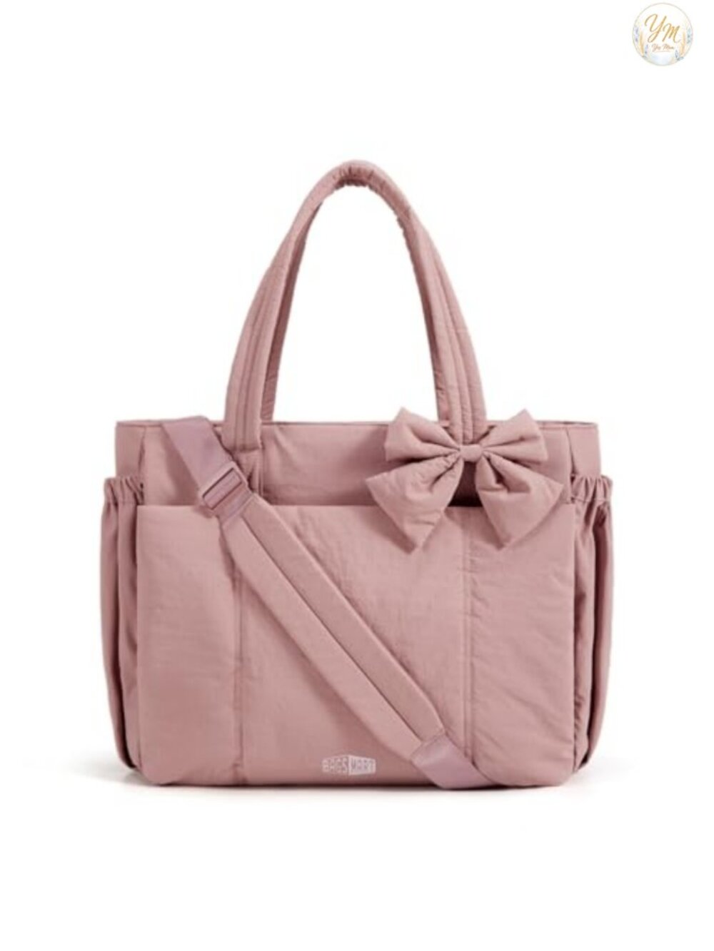 Nylon Puffer Tote Bag with Bow for Work, Travel, Yoga, Laptop 15.6
